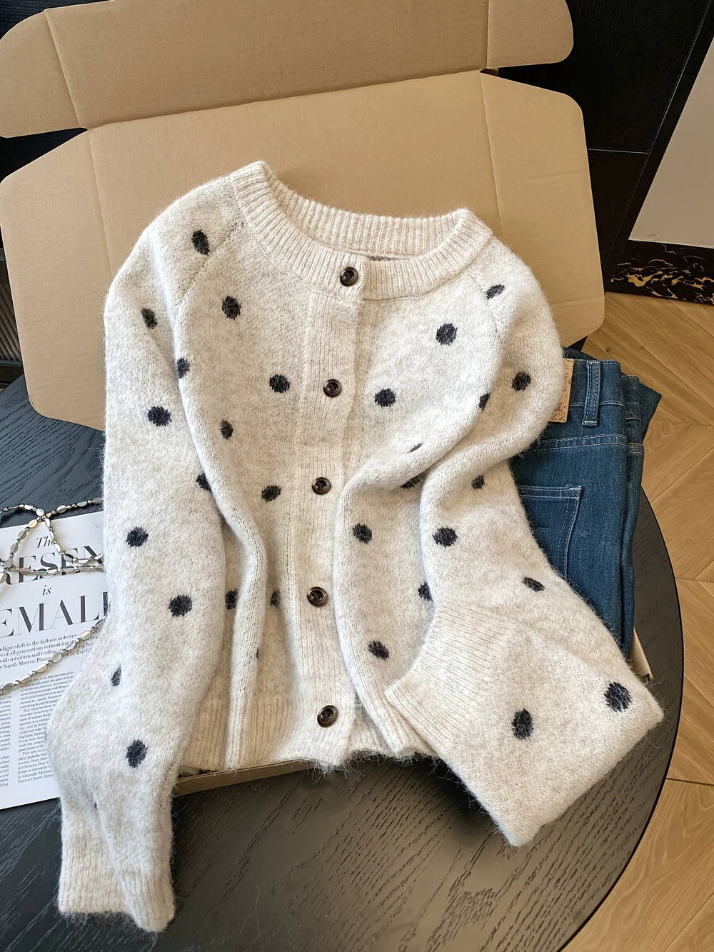 ZARA Women Round Neck Polka Dot Knit Cardigan Oversized Sweater Autumn Winter